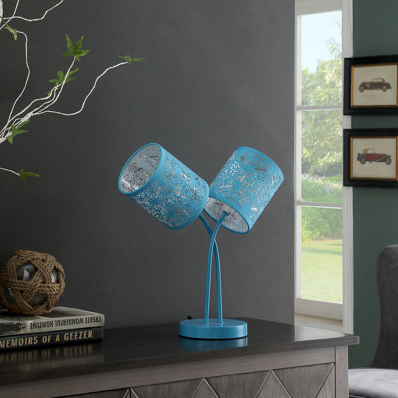 17" In Bohemian Paisley 2-light Cylinder Blue Teal Table Lamp-zoom-