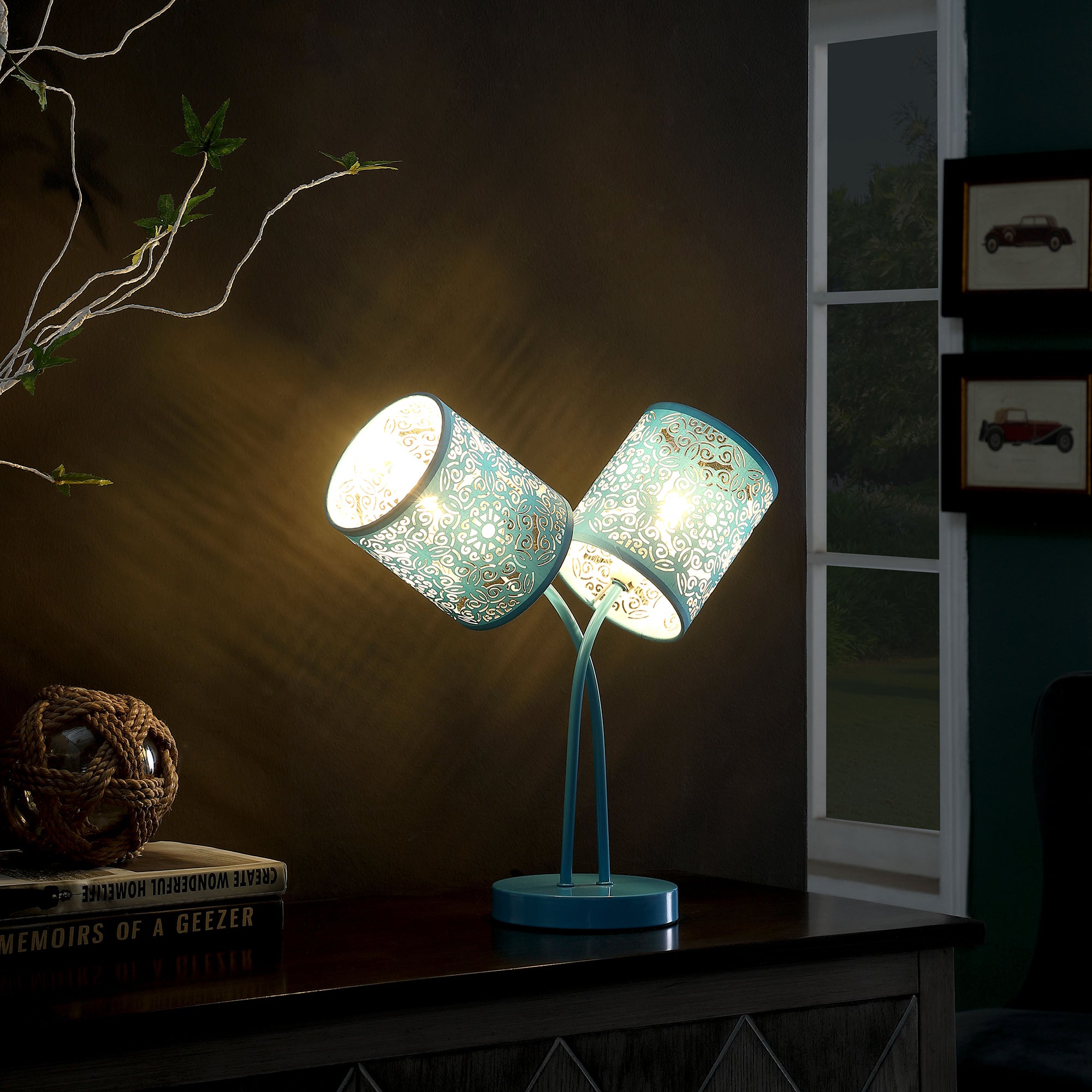 17" In Bohemian Paisley 2-light Cylinder Blue Teal Table Lamp-zoom-4