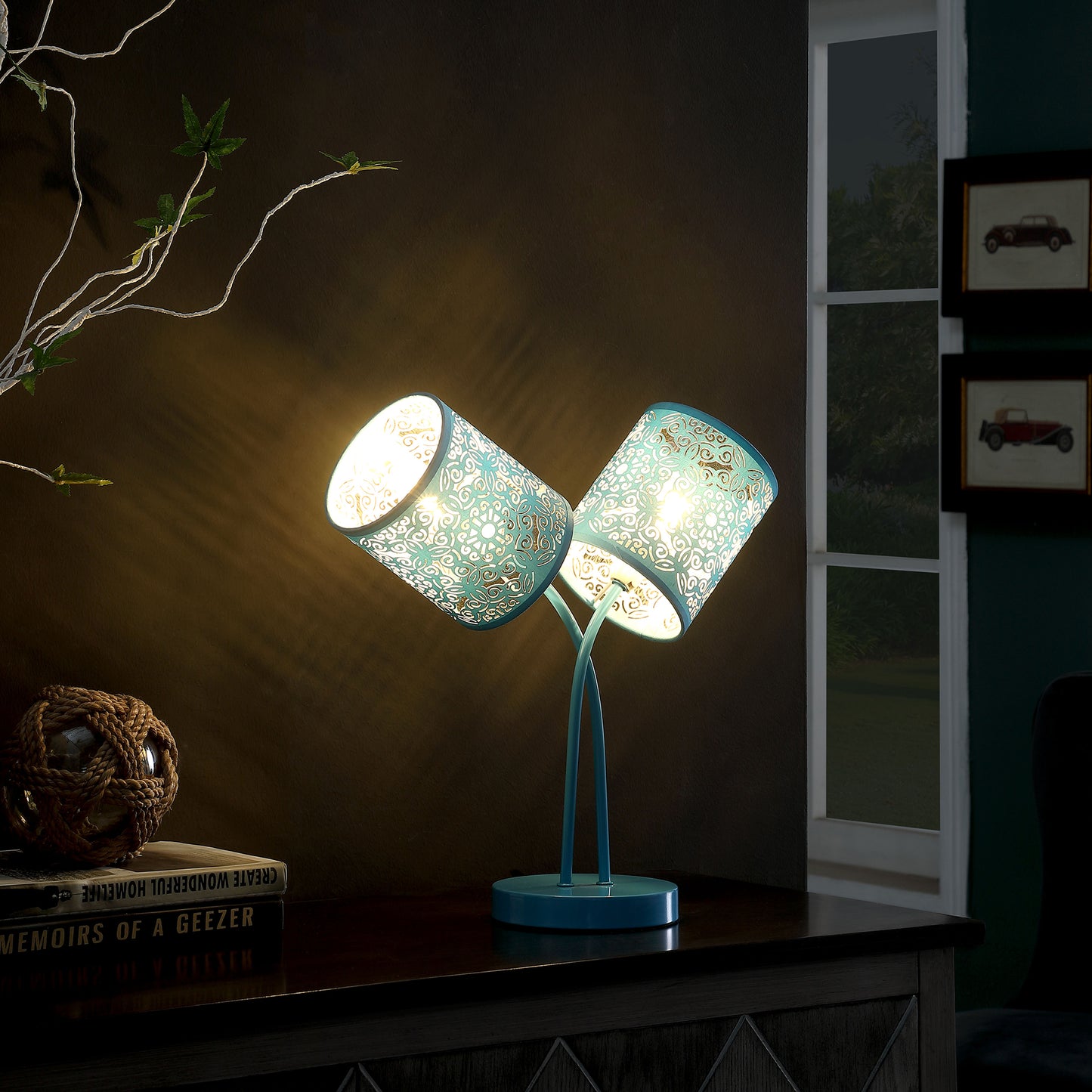 17" In Bohemian Paisley 2-light Cylinder Blue Teal Table Lamp