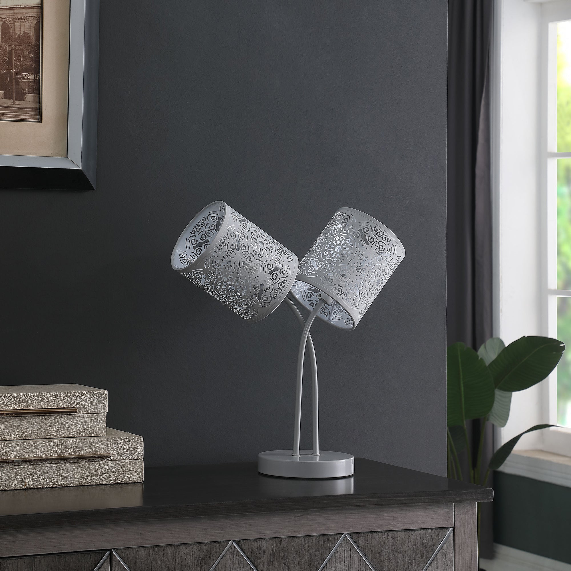 17" In Bohemian Paisley 2-light Cylinder Gray Table Lamp-zoom-3