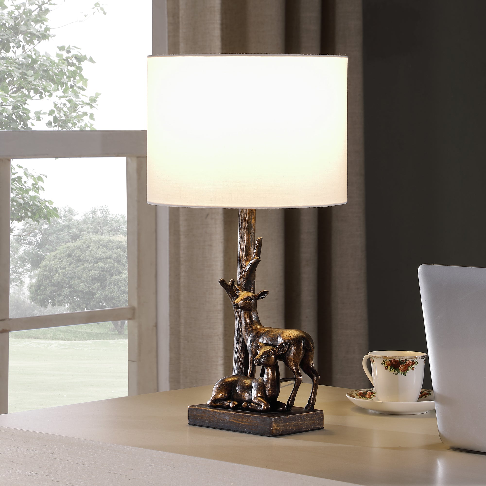 19.75" In Capreolus Bronze Western Roe Deers Polyresin Table Lamp-zoom-4