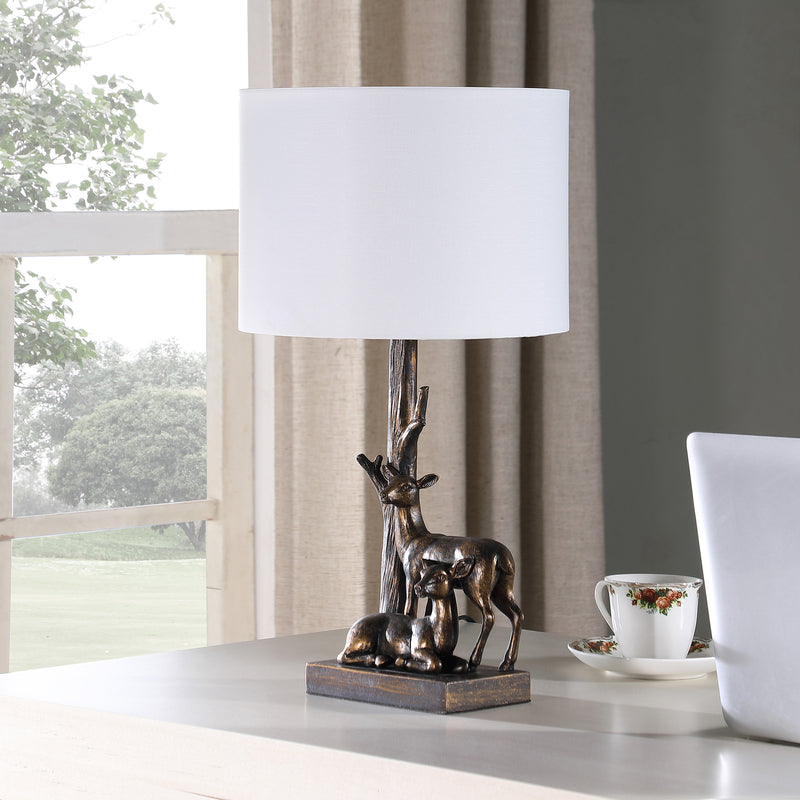 19.75" In Capreolus Bronze Western Roe Deers Polyresin Table Lamp-zoom-