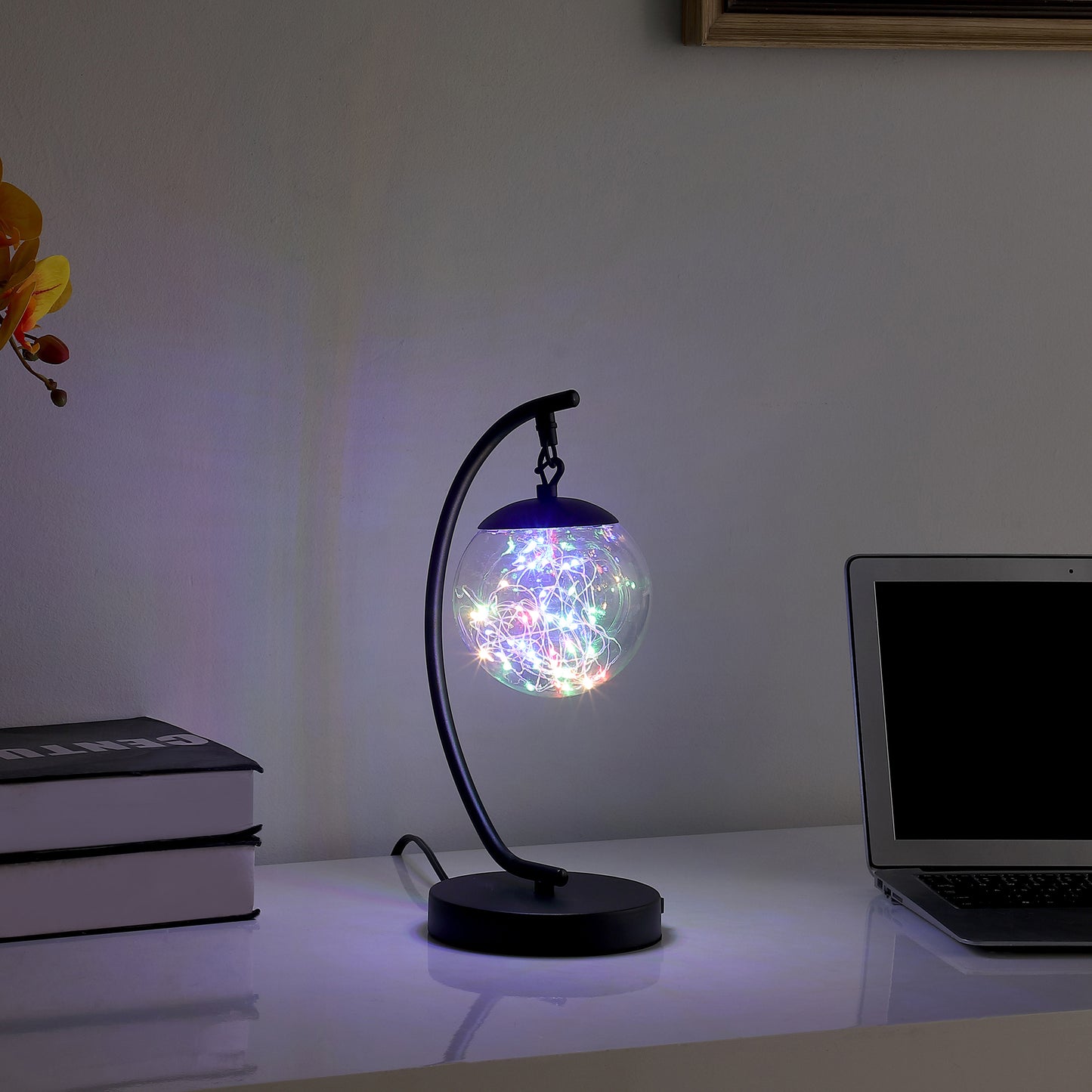 14" In Pendulum Multi-colored Led Glass Orb Black Metal Table Lamp W/ Usb Port