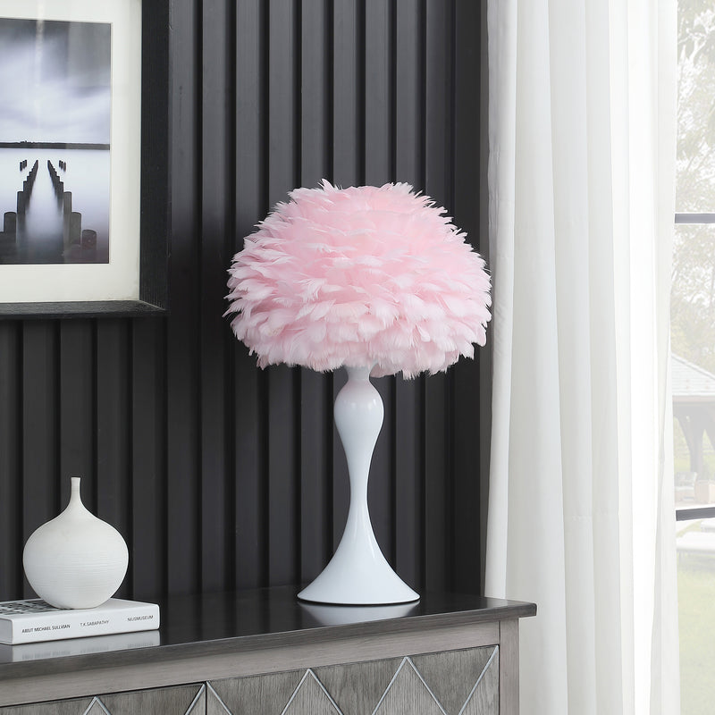 18.25"In Soft Pink Feather Aquina Crisp White Contour Glam Table Lamp-zoom-
