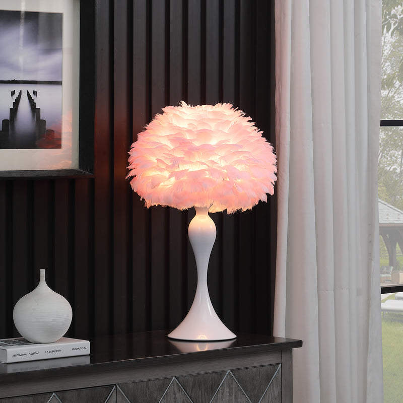18.25"In Soft Pink Feather Aquina Crisp White Contour Glam Table Lamp-zoom-