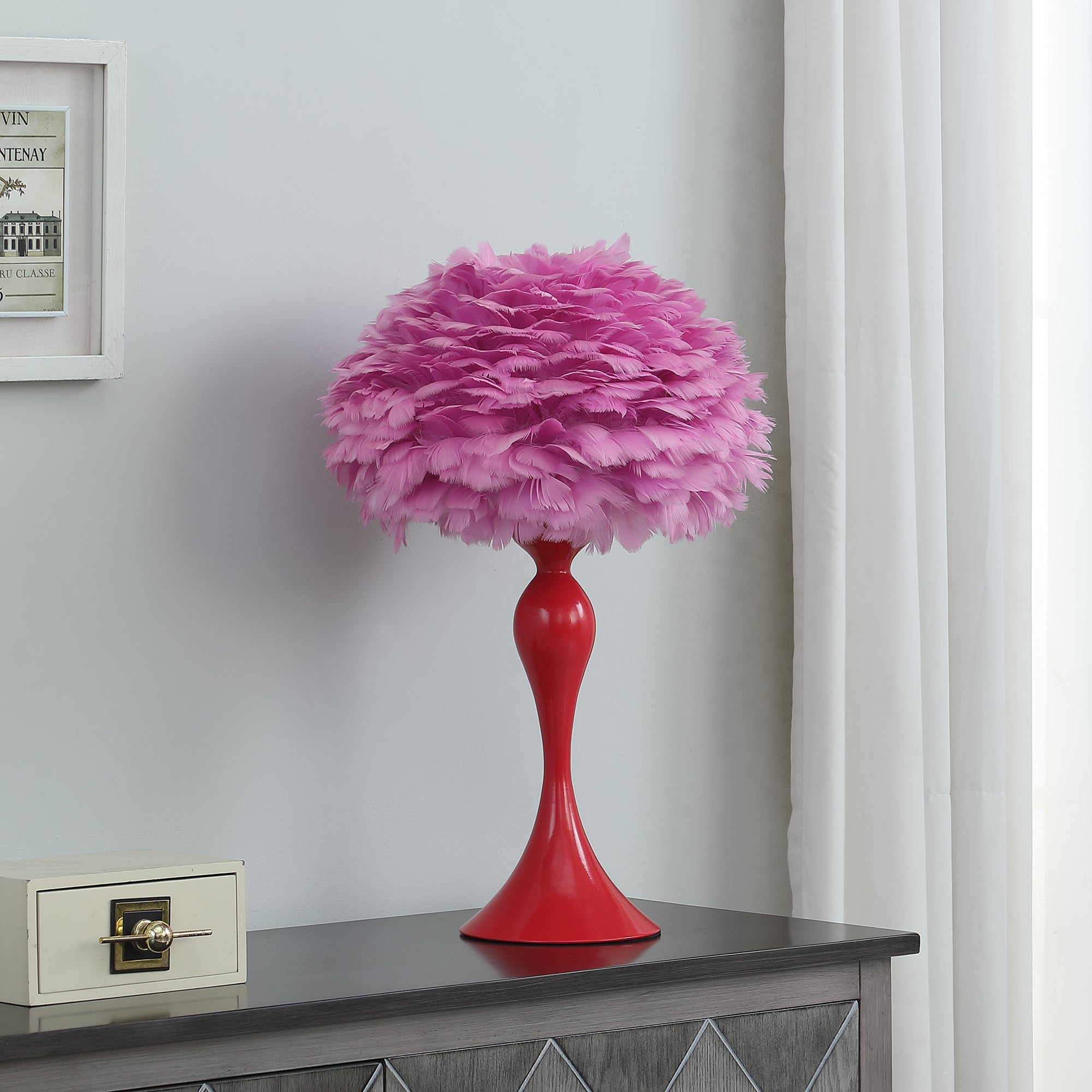 18.25"In Medium Pink Feather Aquina Glaze Red Metal Contour Glam Table Lamp-zoom-3