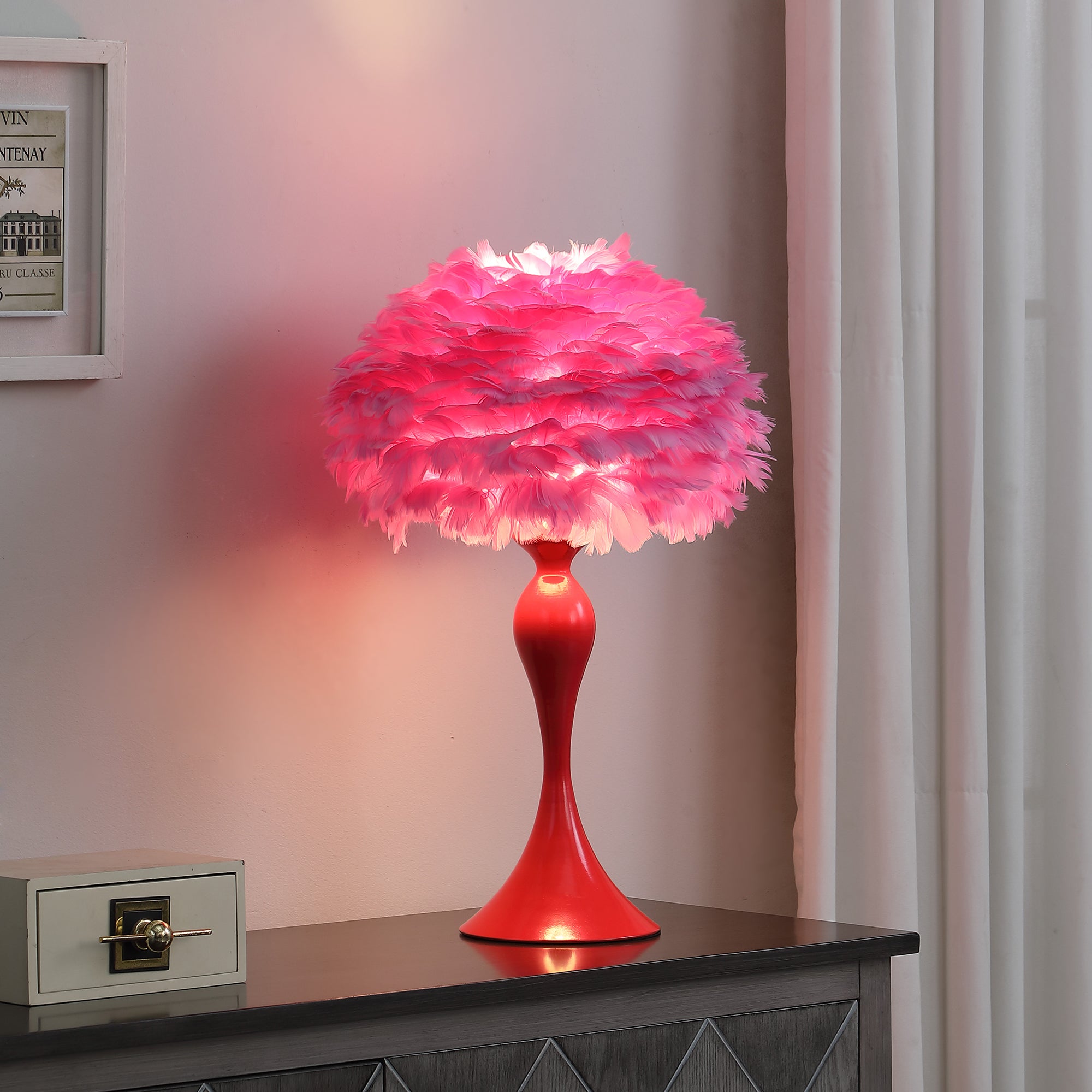 18.25"In Medium Pink Feather Aquina Glaze Red Metal Contour Glam Table Lamp-zoom-4