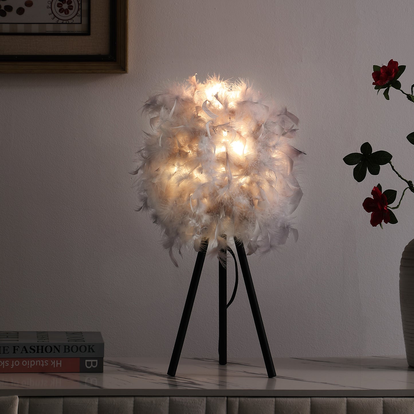 20.5" In Soft Gray Feather Shade Modern Tripod Metal Table Lamp