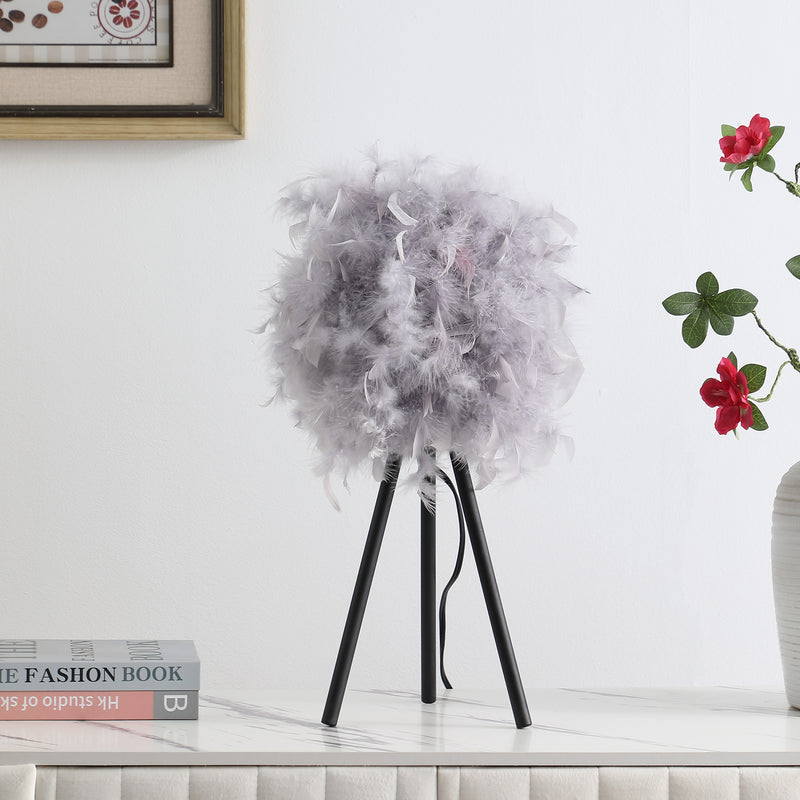 20.5" In Soft Gray Feather Shade Modern Tripod Metal Table Lamp-zoom-
