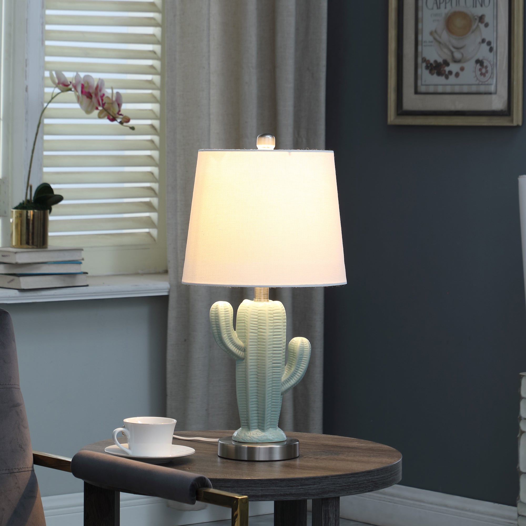 22" In Southwest Teal Ceramic Cactus Plant Modern Metal Table Lamp-zoom-4