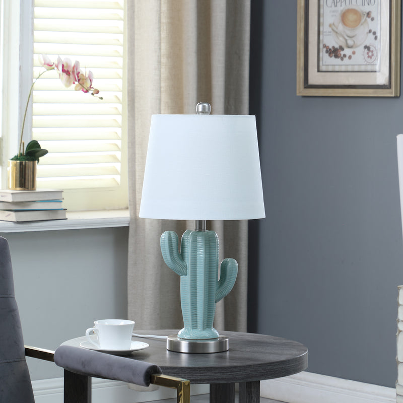 22" In Southwest Teal Ceramic Cactus Plant Modern Metal Table Lamp-zoom-