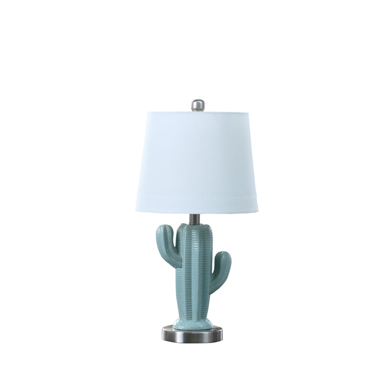 22" In Southwest Teal Ceramic Cactus Plant Modern Metal Table Lamp-zoom-