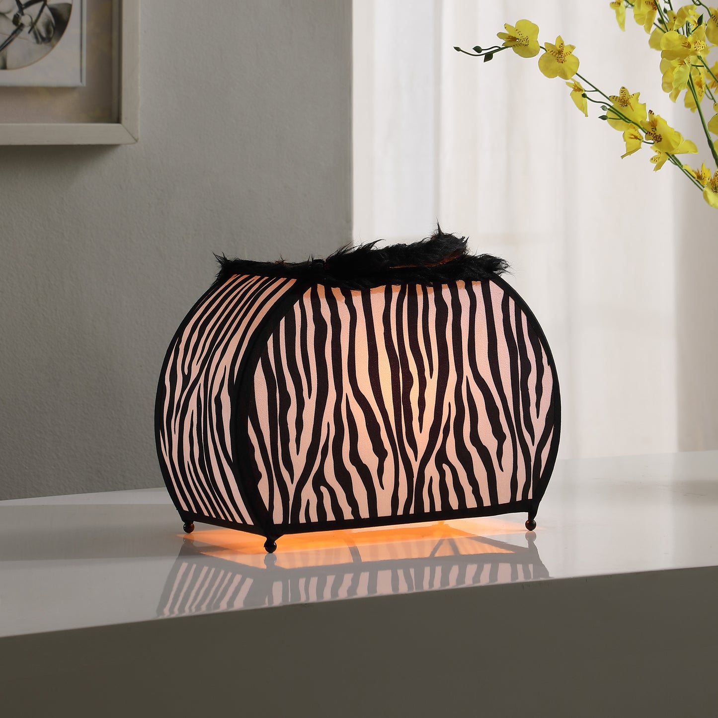 11.75" In Zebra Animal Print Purse W/ Black Faux Handle Table Lamp