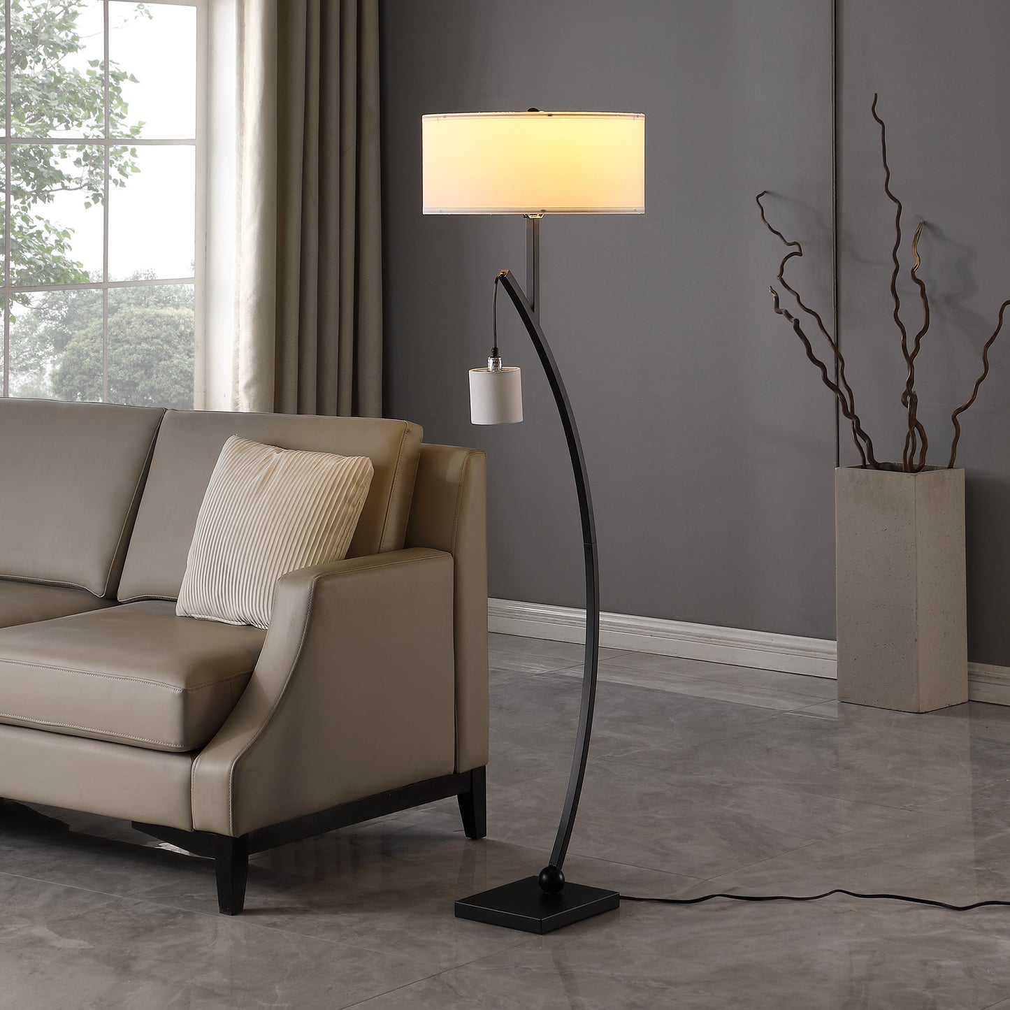 59" In Contemporary Dual Black Arc W/ Hanging Pendelum Lamp Metal Floor Lamp