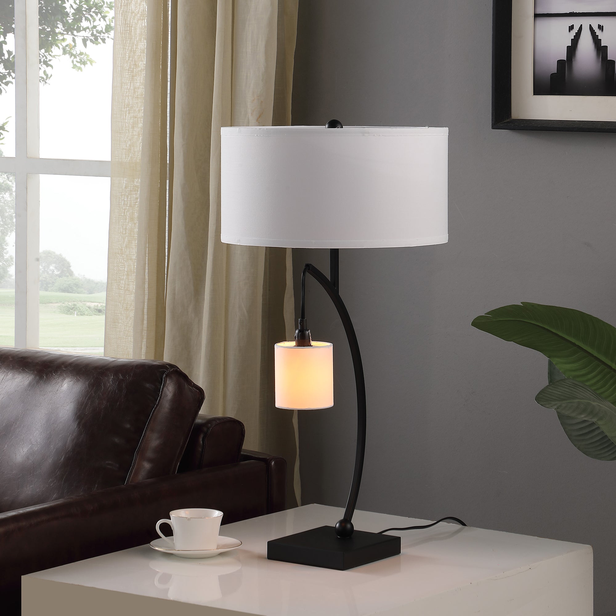 28.5" In Contemporary Dual Black Arc W/ Hanging Pendelum Lamp Metal Table Lamp-zoom-5