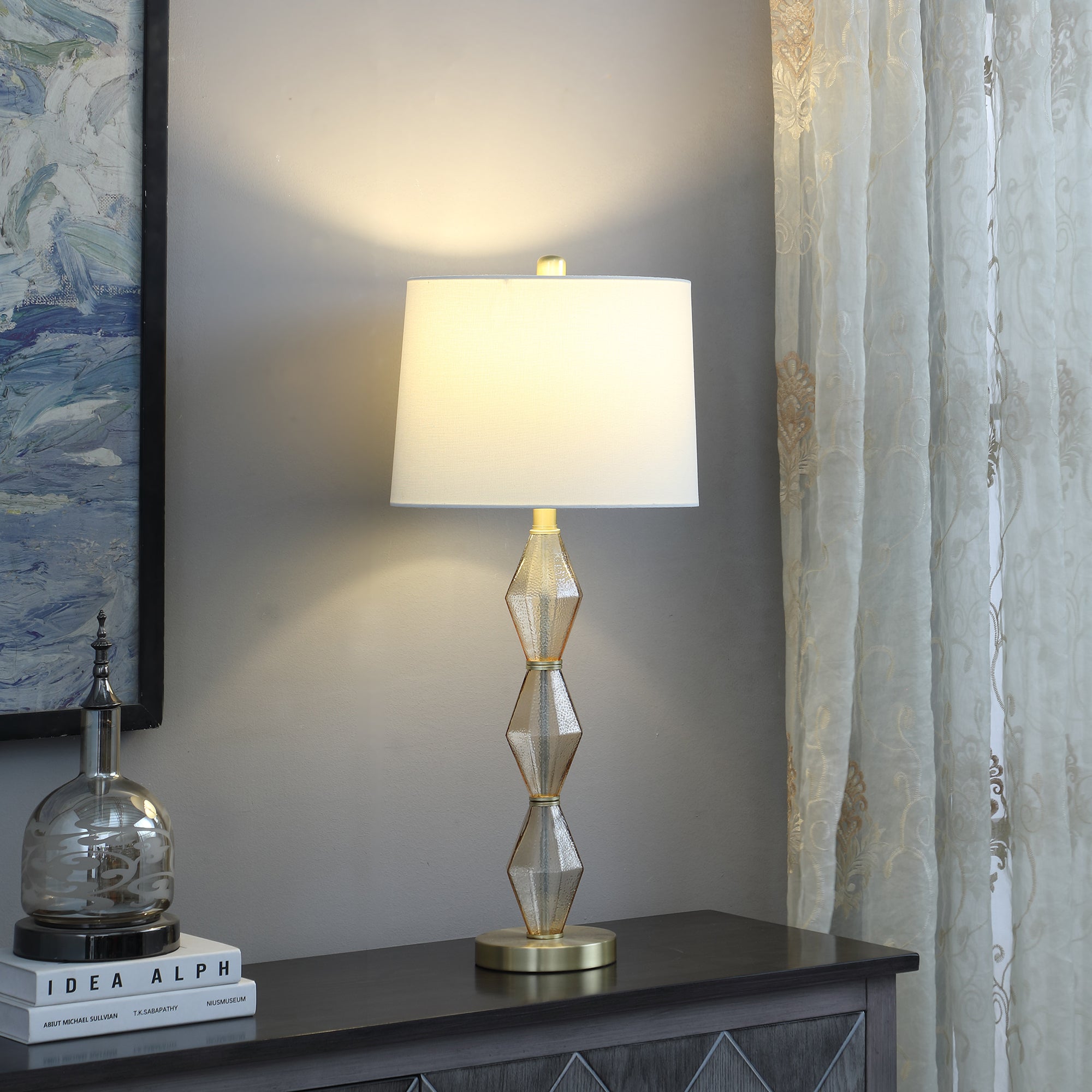29.5" In Emil Moderne Geometric Light Amber Textured Glass Brushed Gold Table Lamp-zoom-4