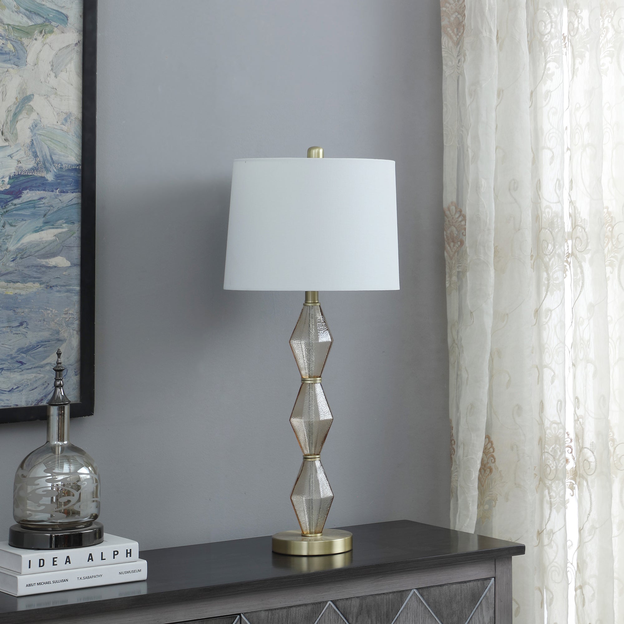 29.5" In Emil Moderne Geometric Light Amber Textured Glass Brushed Gold Table Lamp-zoom-3