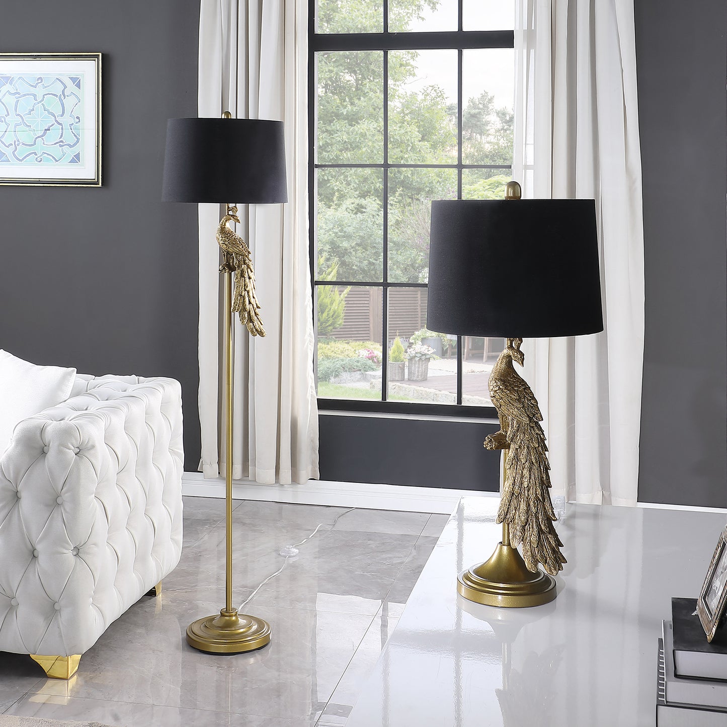 29" In Modern Elegance Golden Peacock On A Pedestal Polyresin Table Lamp