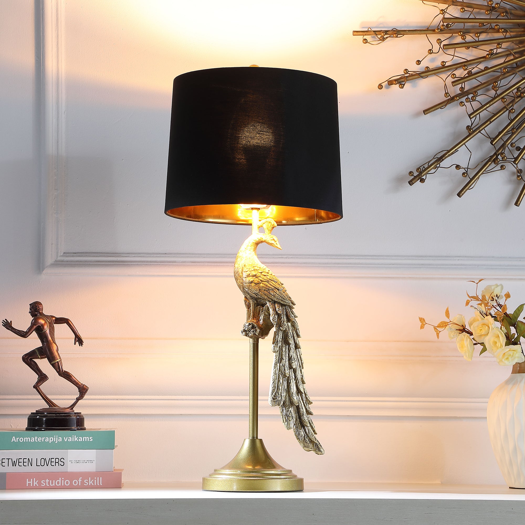 29" In Modern Elegance Golden Peacock On A Pedestal Polyresin Table Lamp-zoom-4