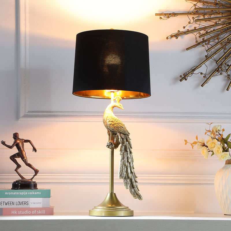 29" In Modern Elegance Golden Peacock On A Pedestal Polyresin Table Lamp-zoom-