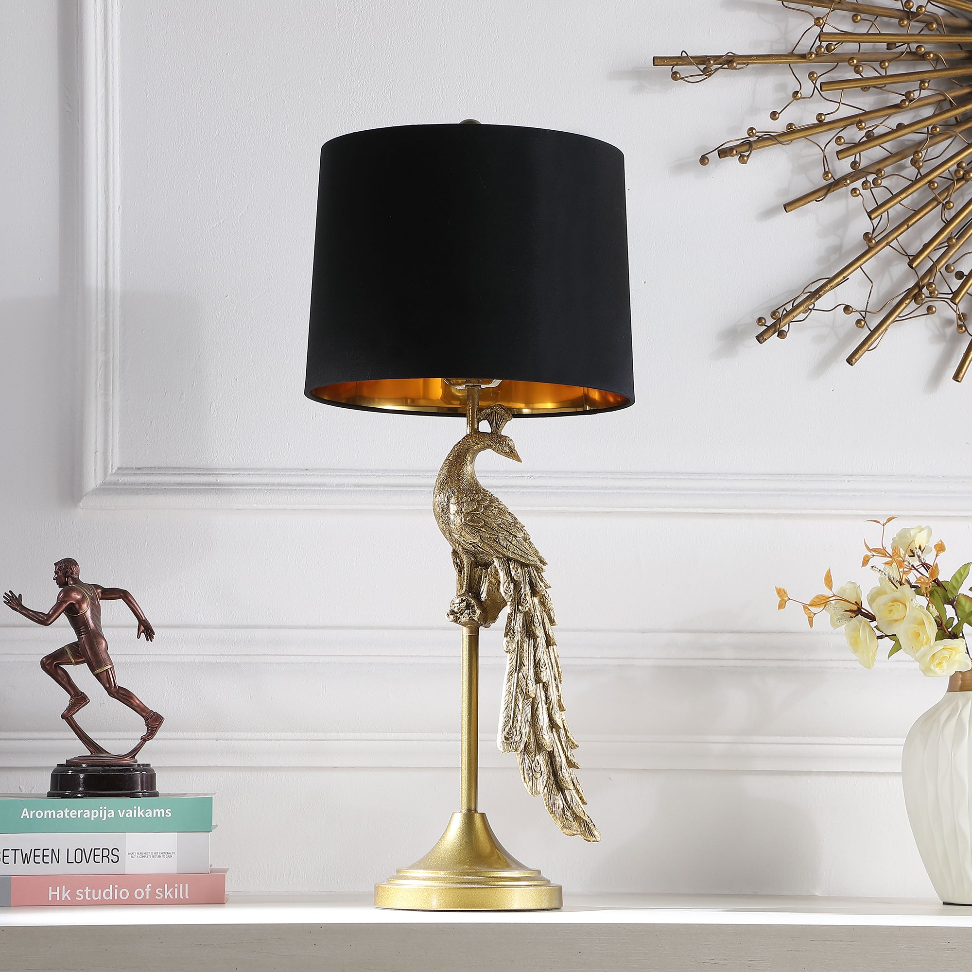29" In Modern Elegance Golden Peacock On A Pedestal Polyresin Table Lamp-zoom-3