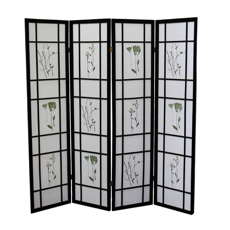 70" In Herbal Floral Decorative Print 4-panel Room Divider Black