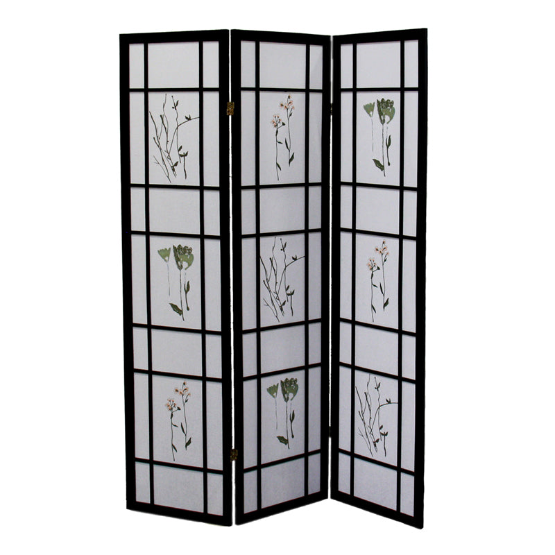 70" In Herbal Floral Decorative Print 3-panel Room Divider Black-zoom-1