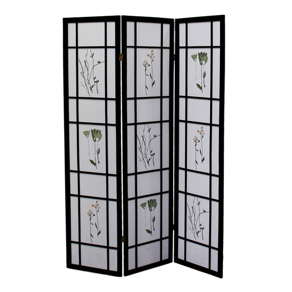 70 In Herbal Floral Decorative Print 3-panel Room Divider Black