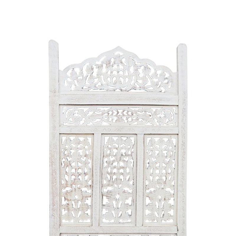 Aesthetically Carved 4 Panel Wooden Partition Screen/Room Divider, Distressed White-zoom-