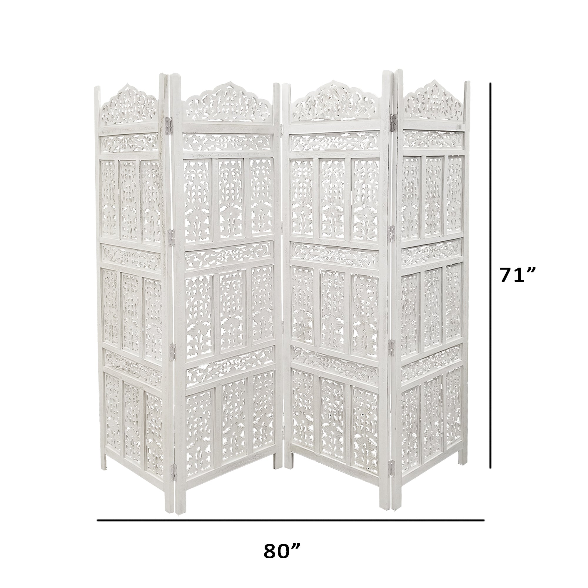Aesthetically Carved 4 Panel Wooden Partition Screen/Room Divider, Distressed White-zoom-4