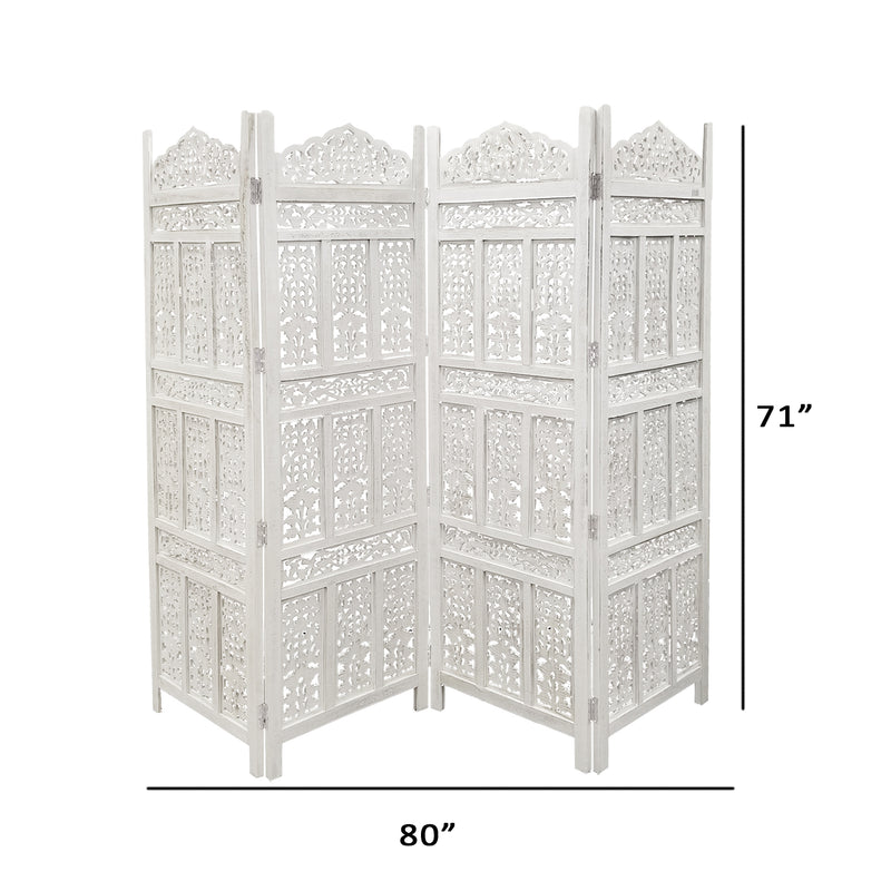 Aesthetically Carved 4 Panel Wooden Partition Screen/Room Divider, Distressed White-zoom-