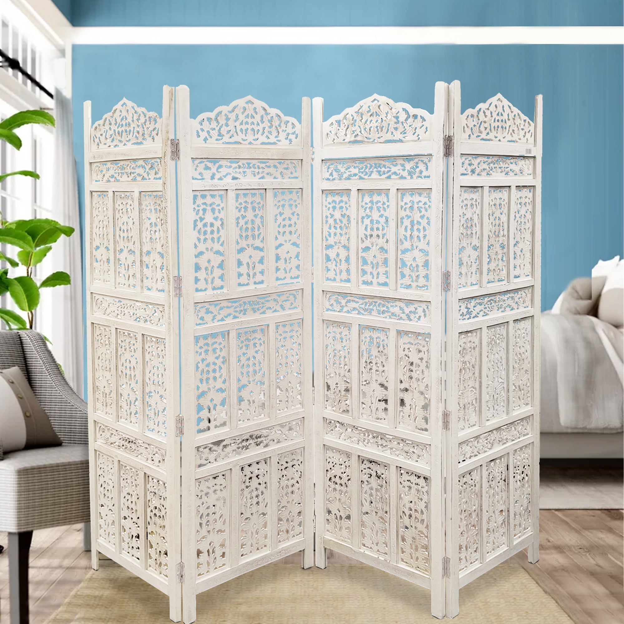 Aesthetically Carved 4 Panel Wooden Partition Screen/Room Divider, Distressed White-zoom-5
