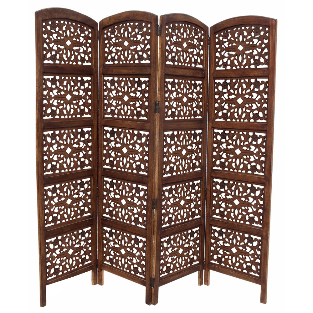 The Urban Port Handmade Foldable 4 Panel Wooden Partition Screen Room Divider, Brown-zoom-1