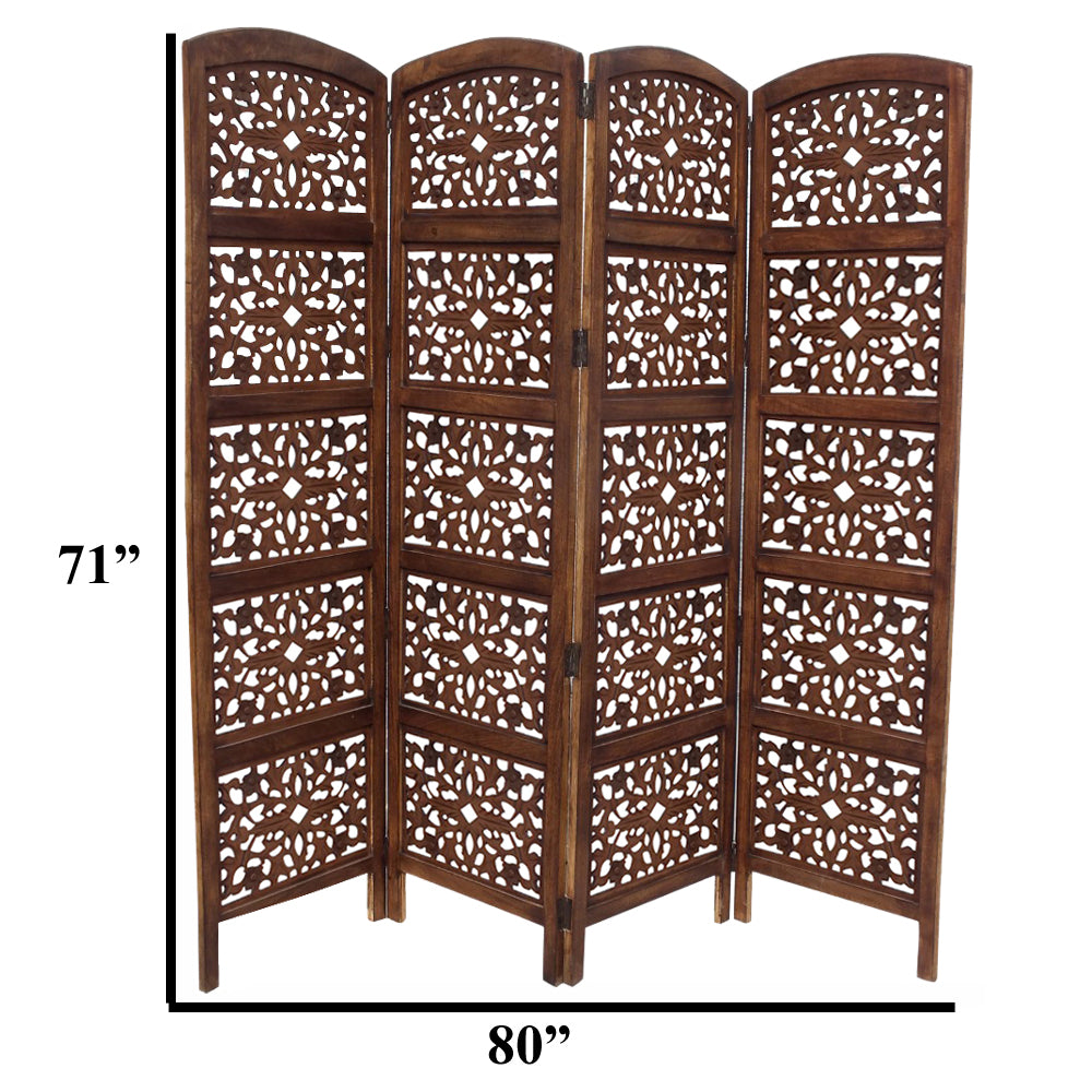 The Urban Port Handmade Foldable 4 Panel Wooden Partition Screen Room Divider, Brown-zoom-4