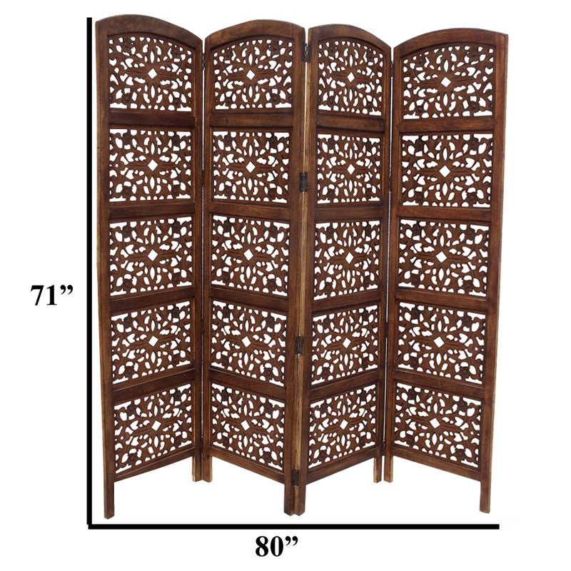 The Urban Port Handmade Foldable 4 Panel Wooden Partition Screen Room Divider, Brown-zoom-