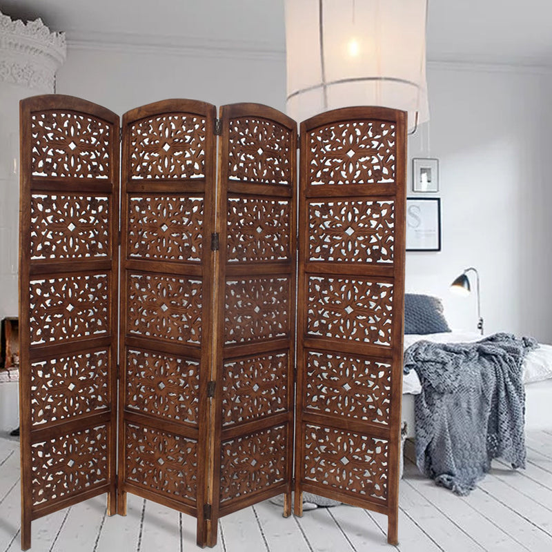 The Urban Port Handmade Foldable 4 Panel Wooden Partition Screen Room Divider, Brown-zoom-