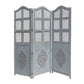 Three Panel Wooden Room Divider with Traditional Carvings and Cutouts, Blue