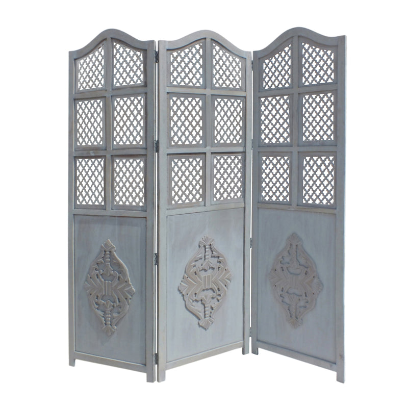 Three Panel Wooden Room Divider with Traditional Carvings and Cutouts, Blue-zoom-