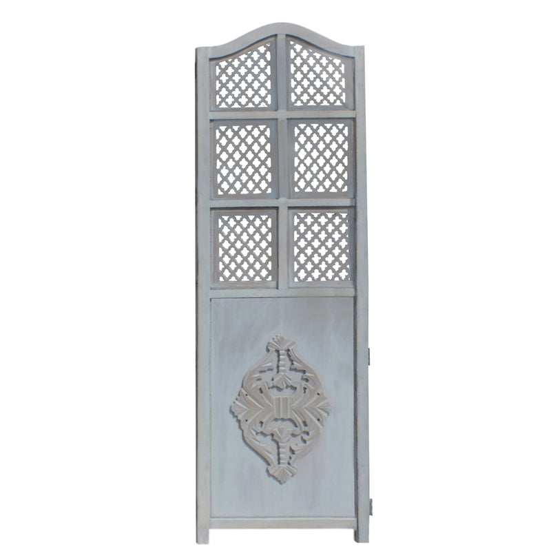 Three Panel Wooden Room Divider with Traditional Carvings and Cutouts, Blue-zoom-