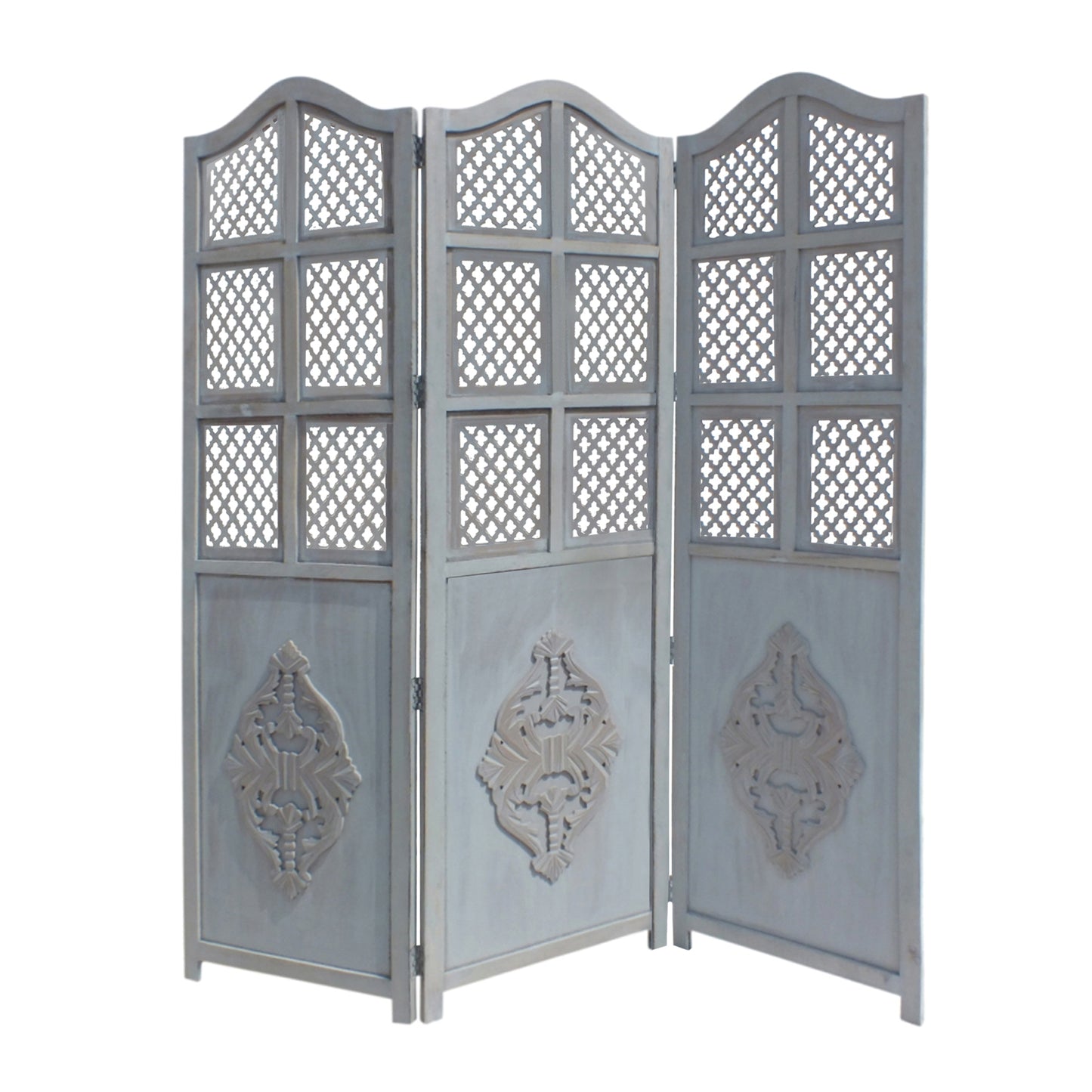 Three Panel Wooden Room Divider with Traditional Carvings and Cutouts, Blue