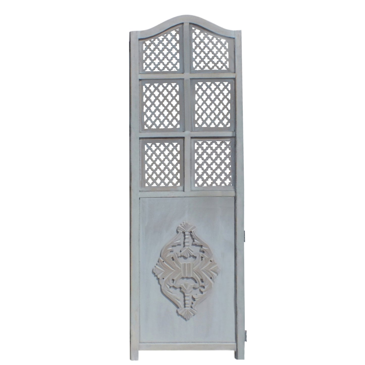 Three Panel Wooden Room Divider with Traditional Carvings and Cutouts, Blue