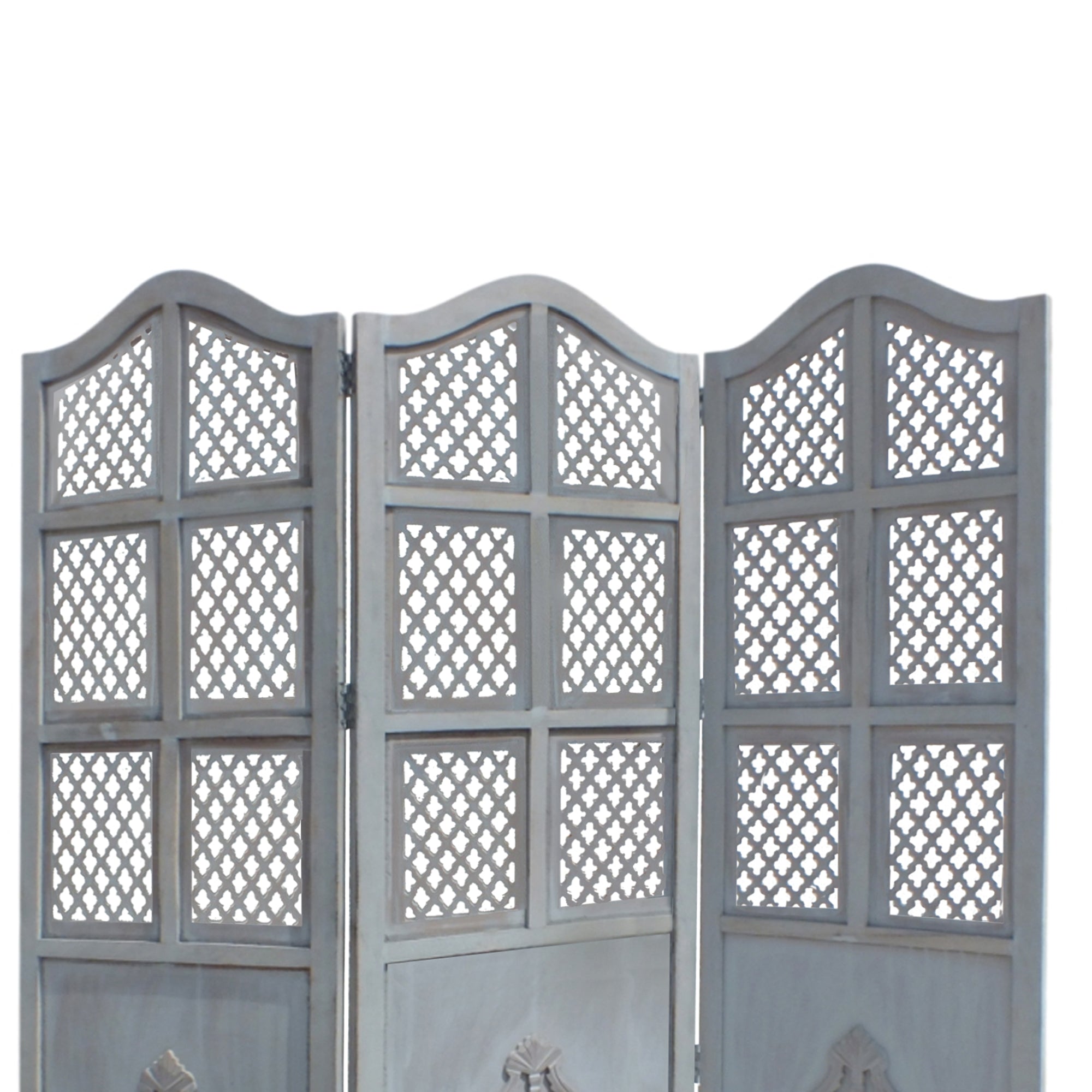Three Panel Wooden Room Divider with Traditional Carvings and Cutouts, Blue-zoom-3