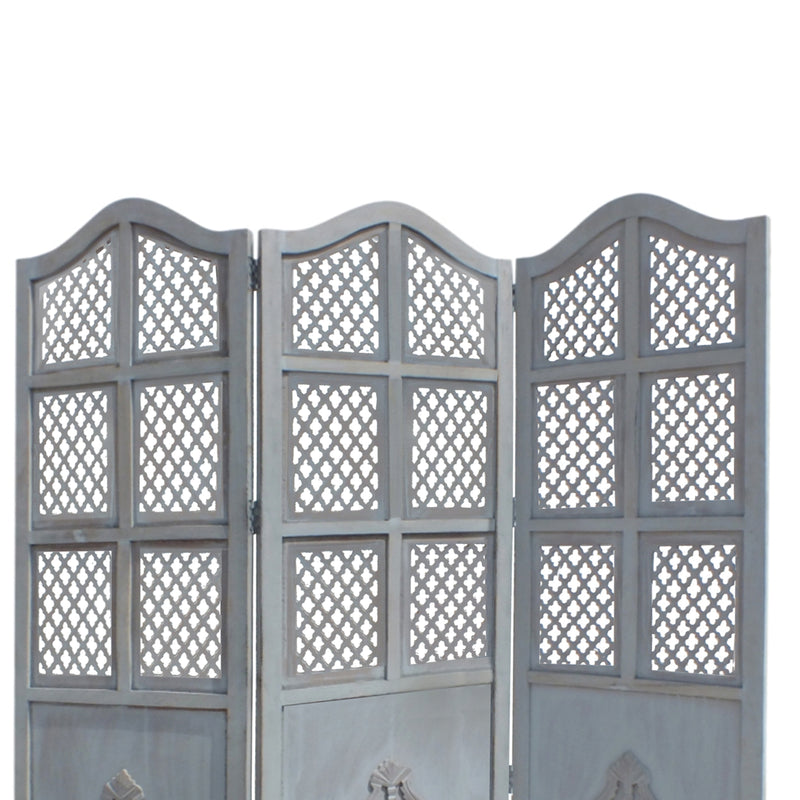 Three Panel Wooden Room Divider with Traditional Carvings and Cutouts, Blue-zoom-