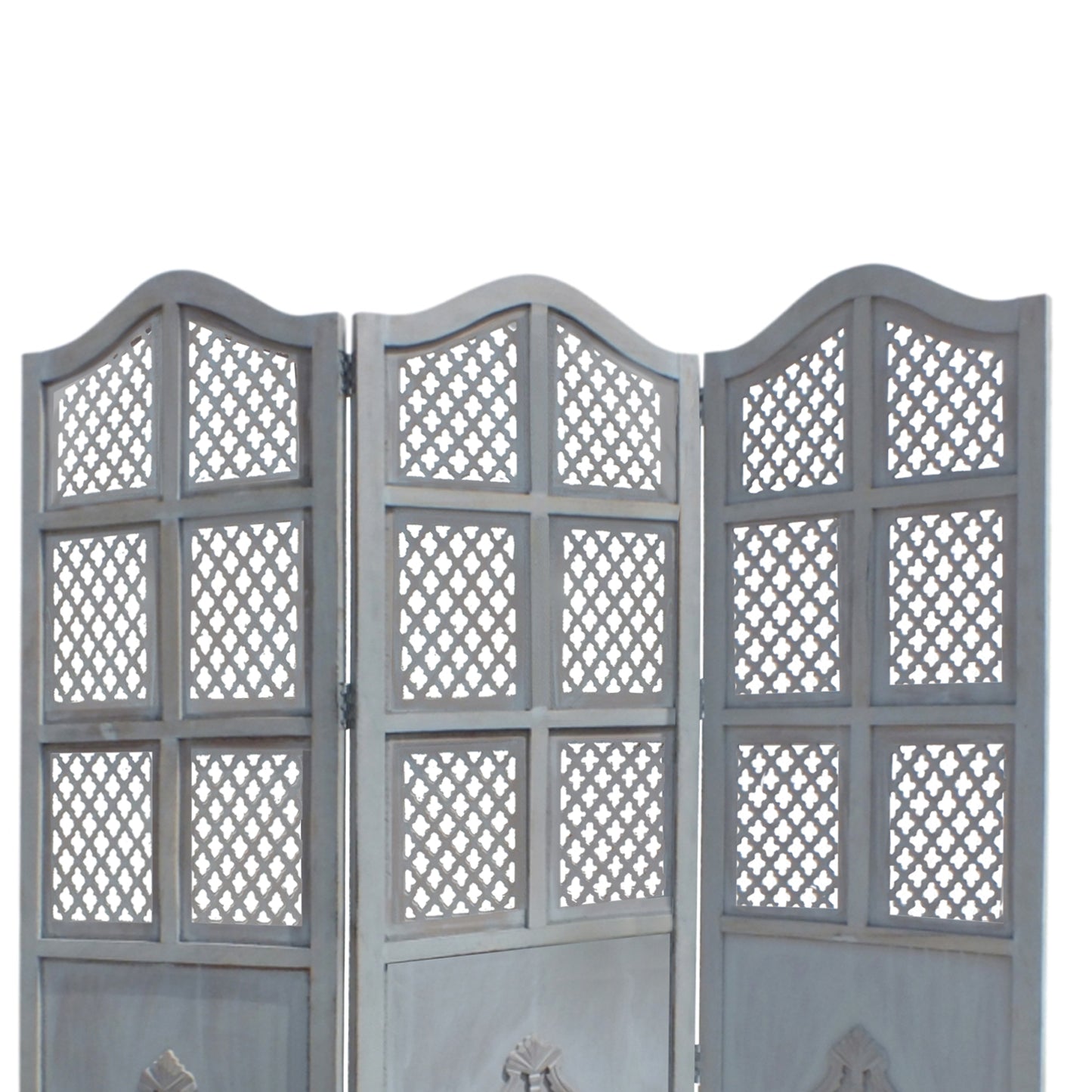 Three Panel Wooden Room Divider with Traditional Carvings and Cutouts, Blue