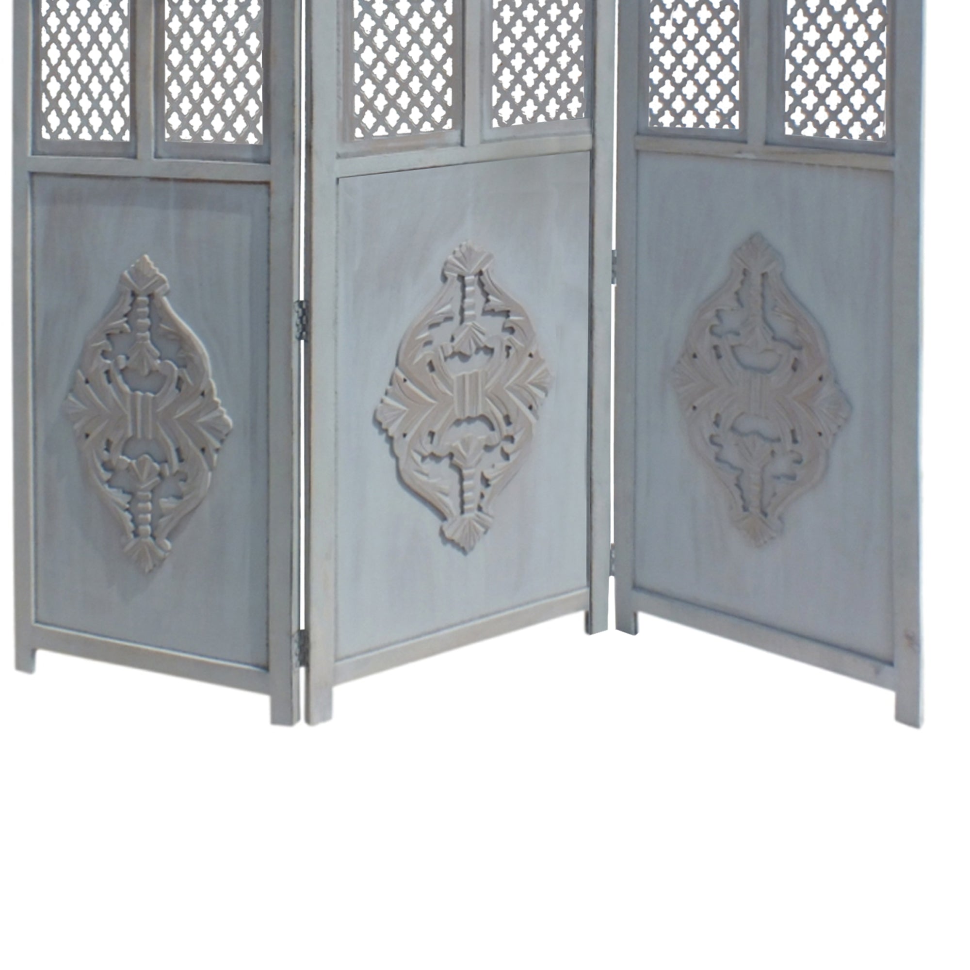 Three Panel Wooden Room Divider with Traditional Carvings and Cutouts, Blue-zoom-4