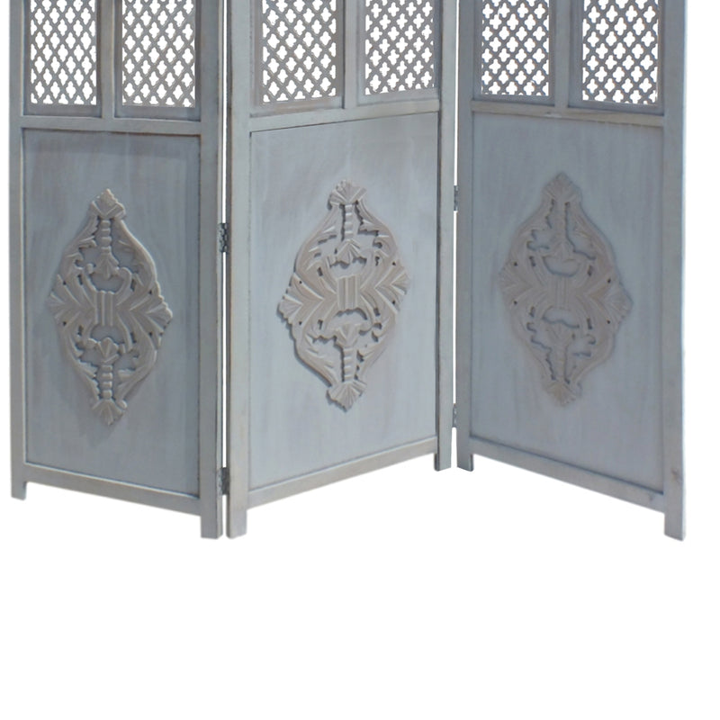 Three Panel Wooden Room Divider with Traditional Carvings and Cutouts, Blue-zoom-