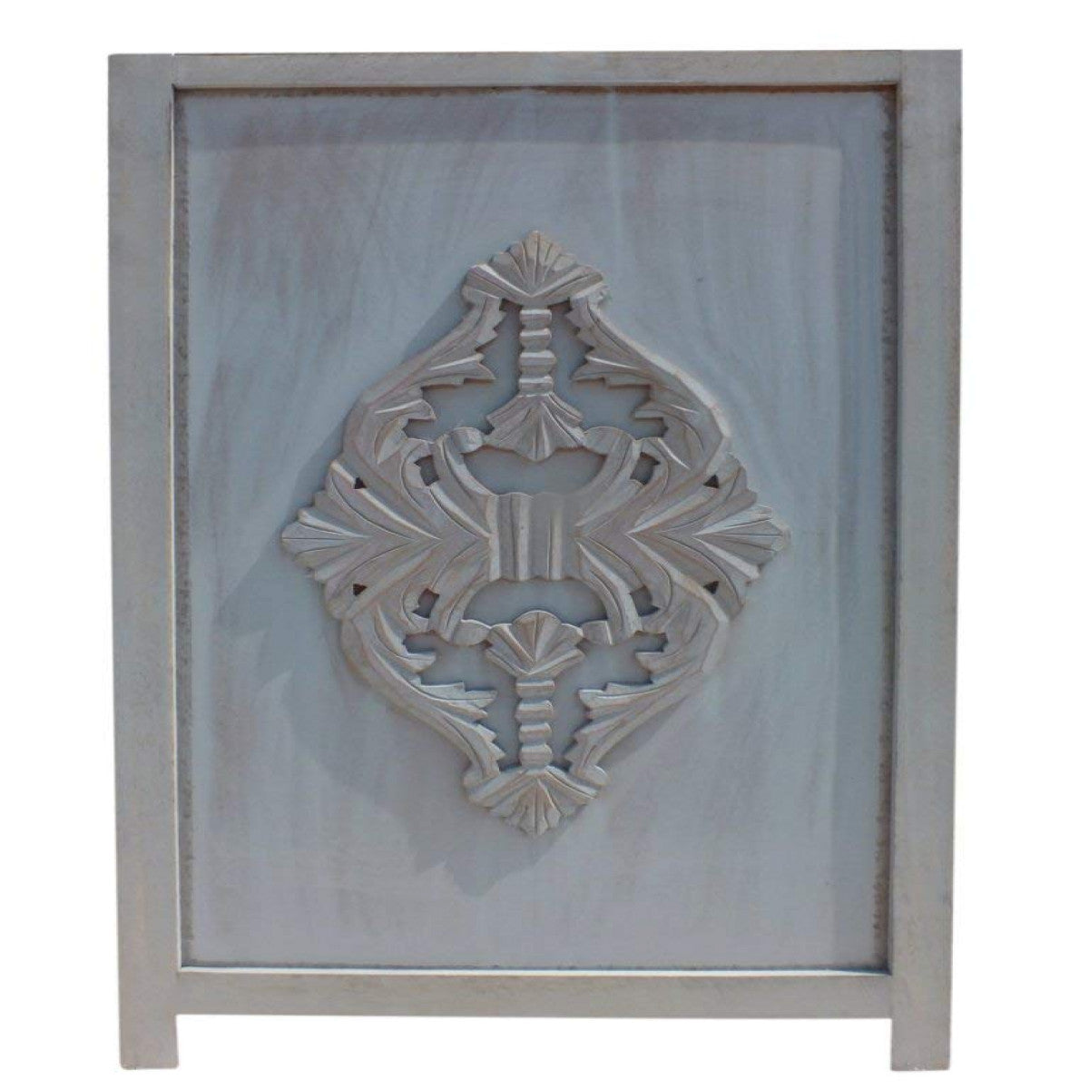 Three Panel Wooden Room Divider with Traditional Carvings and Cutouts, Blue