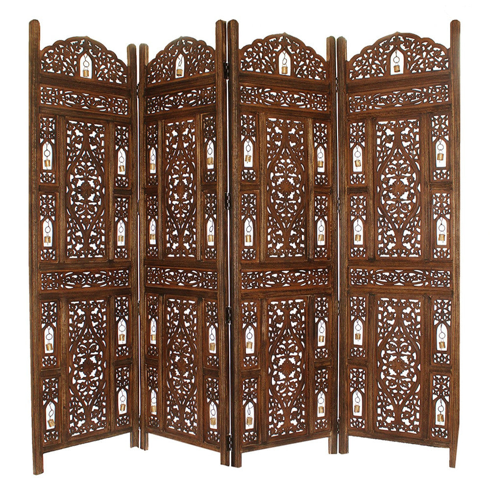 Handcrafted Wooden 4 Panel Room Divider Screen With Tiny Bells Reversible-zoom-1