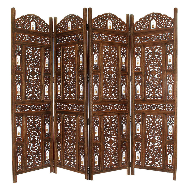 Handcrafted Wooden 4 Panel Room Divider Screen With Tiny Bells Reversible-zoom-