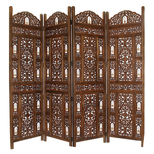 Handcrafted Wooden 4 Panel Room Divider Screen With Tiny Bells Reversible